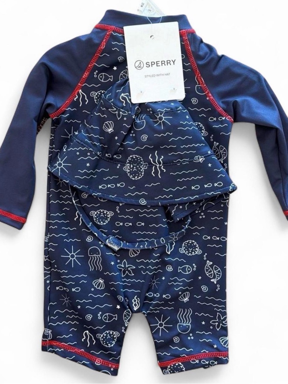 Sperry Navy and Red Kids Long-Sleeve Swim Sunsuit with Ocean Print and Hat